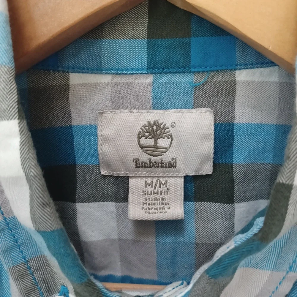 Timberland Shirt Mens Med Slim Fit Blue White Gray Plaid Long Sleeve Button Down